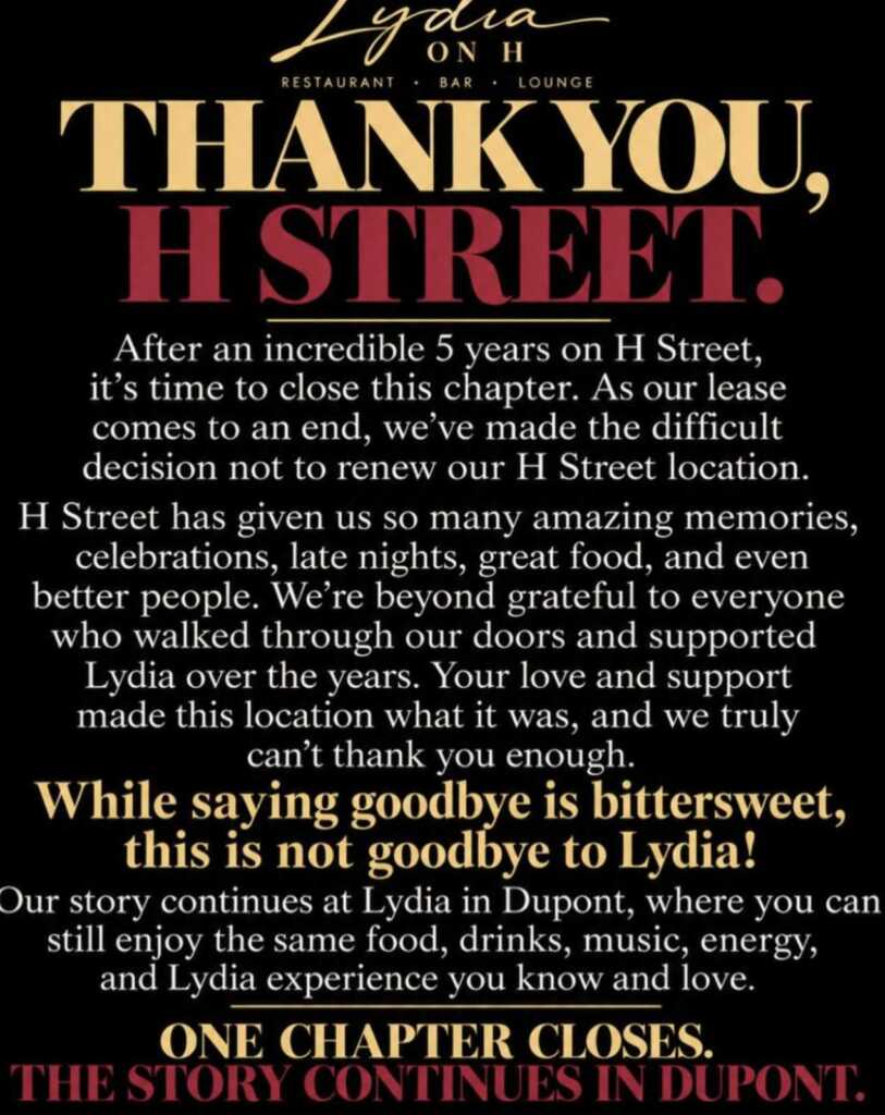 Lydia announces coming closure on H Street, NE – “Our story continues at Lydia in Dupont” — PoPville DC